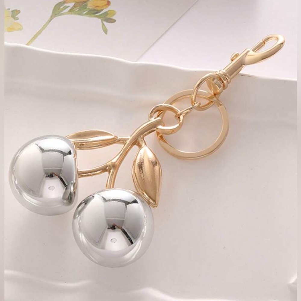 SILVER Iridescent and Gold Cherry Bag Charm or Keyring
